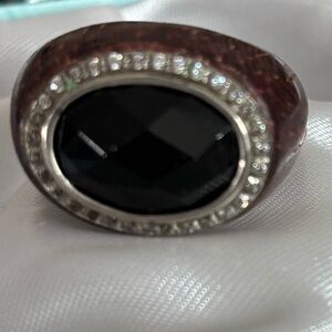 Vintage Elegant Black Stone and Wooden Ring with Silver Accents